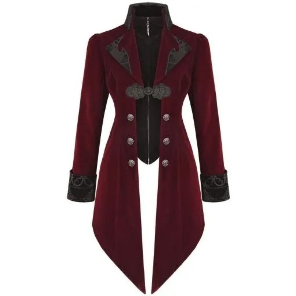 Women’s Steampunk Swallow Tail Coat Gothic Long Winter Burgundy Velvet Coat
